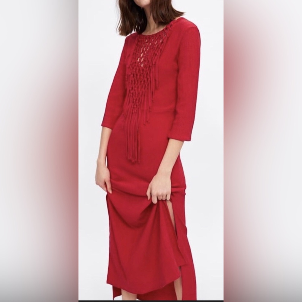 NWT Zara Long Sleeve Fringe Knit Midi Dress - Picture 2 of 12
